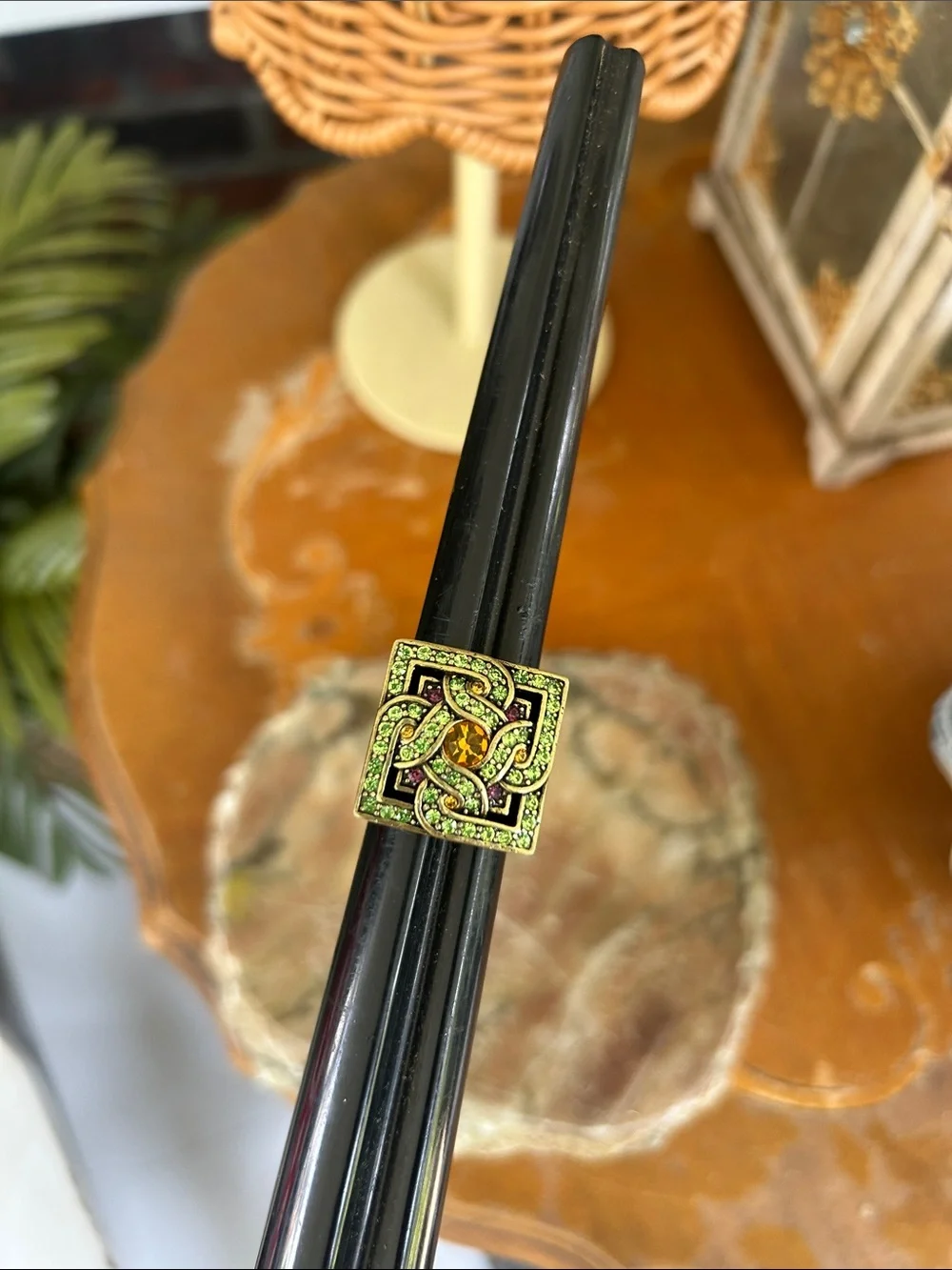 Celtic Knot Green Crystal Square Statement Ring with Amber Accent